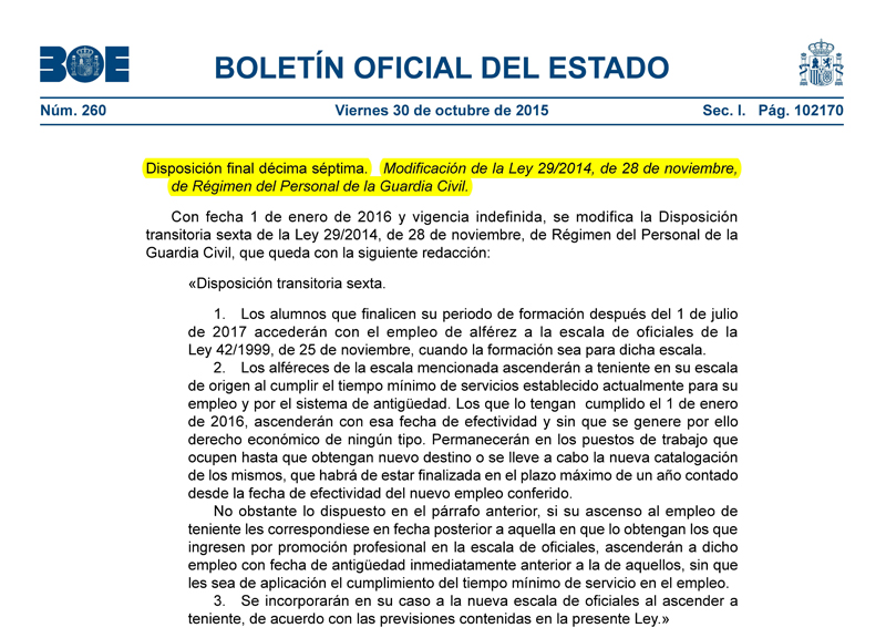 A partir del 1 de enero, podrán ascender los alféreces de la Guardia Civil