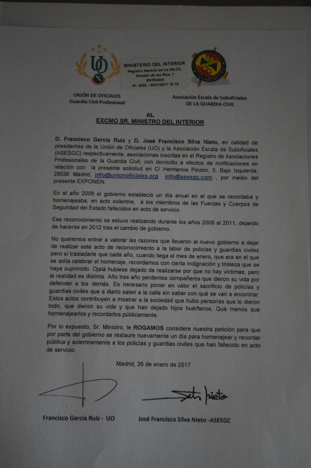 UO y ASESGC piden recuperar el Acto Homenaje a los fallecidos en acto de Servicio